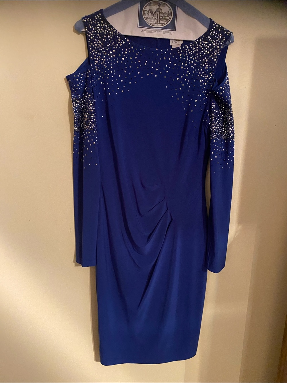 Cachet Royal Blue Cold-Shoulder Rhinestone Long Sleeve Dress